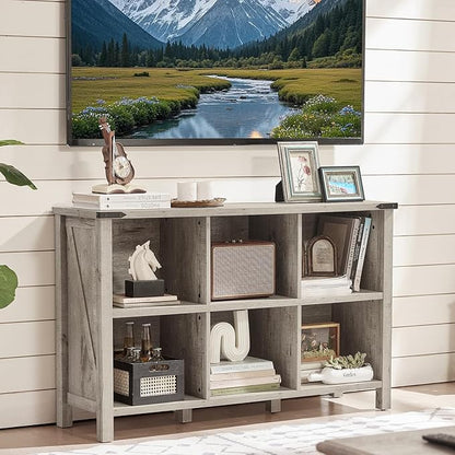 Farmhouse 6 Cube Bookshelf, Rustic Grey Oak Wooden Storage Organizer Book Shelf, 47 Inch Cubby Hallway Bookcase, Kids Toy Storage Cabinet, Modern Open Book Case for Living Room, Hallway
