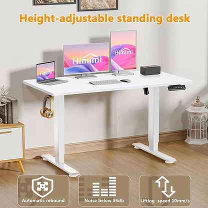 Himimi Electric Standing Desk 48 x 24 inch for Home Office,Sit-Stand Adjustable Desk with Memory Presets,Height Adjustable Desk for Gaming/Working,Free Hook, Lockable Wheels,White