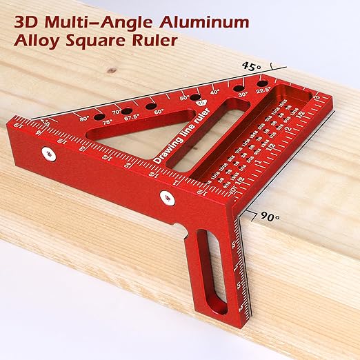 3D Multi-Angle Measuring Ruler -Precision Woodworking 3D Square Protractor 22.5-90 Degree and Miter Triangle Ruler - Aluminum Alloy Drawing Line Ruler for Engineer Carpenter and Craftsmen Red…