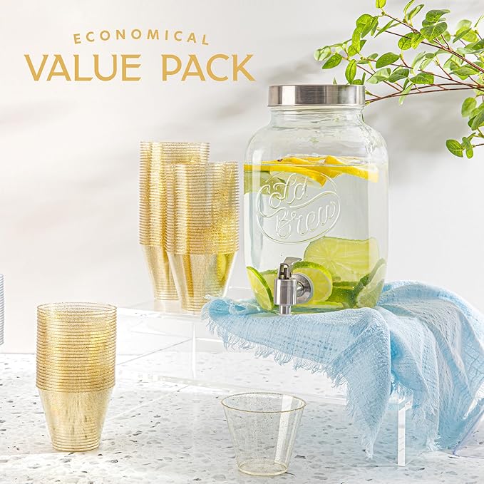 PLASTICPRO 9 oz Disposable Plastic Party Cups,Old fashioned Designed Tumblers, Gold Glitter 100 Count,