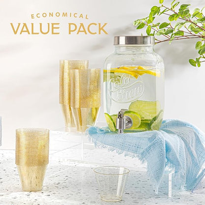 PLASTICPRO 9 oz Disposable Plastic Party Cups,Old fashioned Designed Tumblers, Gold Glitter 100 Count,