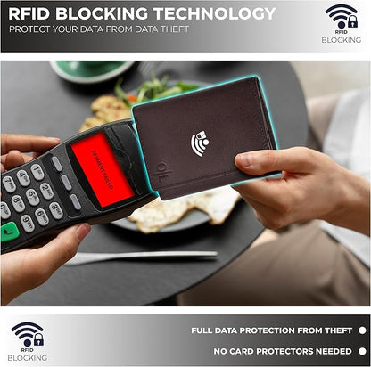 Real Leather Mens Trifold Wallet RFID Blocking Slim Minimalist Front Pocket - Thin & Stylish with ID Window in Gift Box
