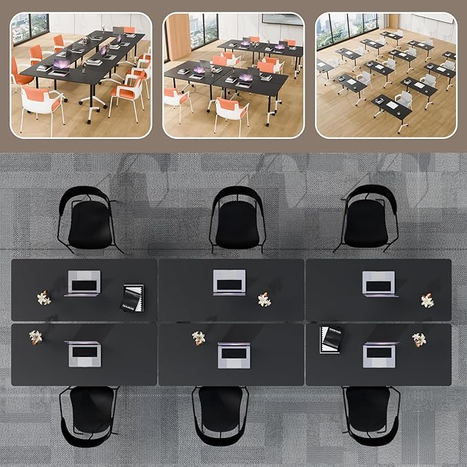 Folding Conference Table, Rectangular Conference Room Tables, Mobile Modular Training Table, Solid Steel Frame,Thickened Panel,for Offices,Meeting Room,Offices andSchools (2, Black, 63in)