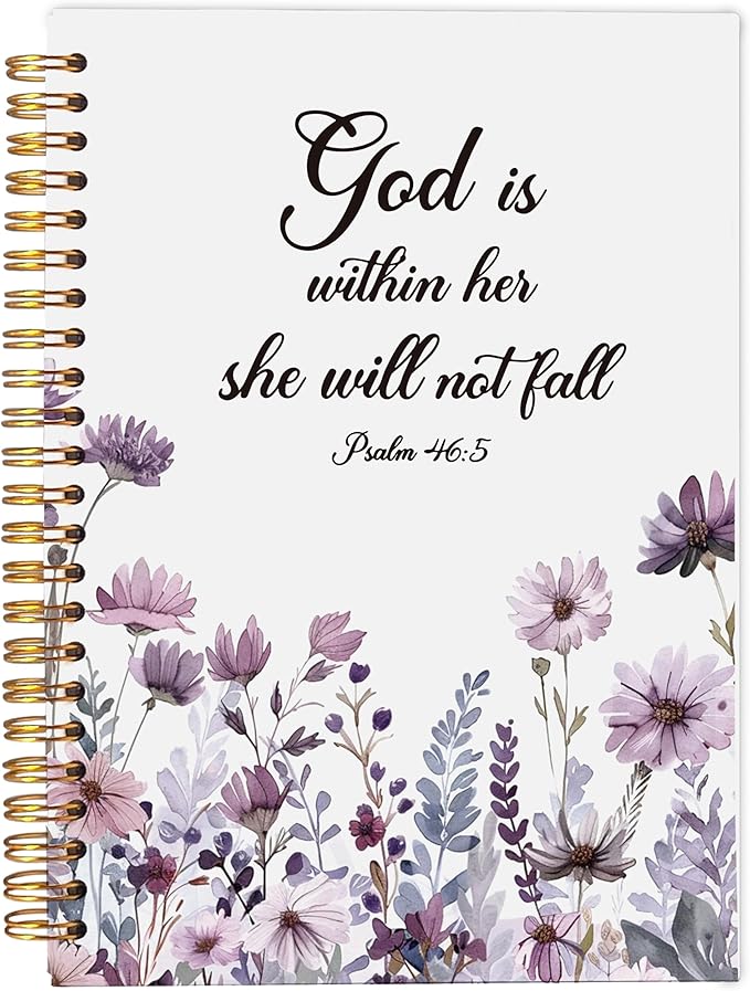 Christian Notebook for Women, Christian Art Gifts Journal, Prayer Journal for Women, Bible Journaling Notebook, PSALM 46:5 God is Within Her She Will Not Fall Floral Spiral Notebook 5.5x8.3