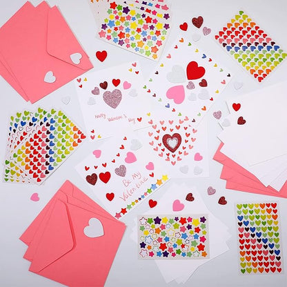 Zonon 16 Pcak Valentines Crafts DIY Card Valentines's Day Kits Foam Heart Sticker Craft DIY Kits Envelopes Cards Set for Exchange Gifts (Pink)
