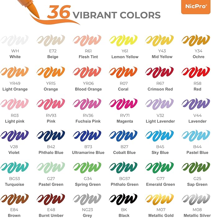 Nicpro 36 Colors Acrylic Paint Markers Set, Water-Based Brush Tip Paint Pens with Automatic Ink Control, Art Paint Markers for Rock Painting, Glass, Craft, Ceramic, Christmas Gift for Teens, Kids
