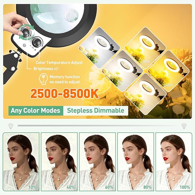 12X & 30X Magnifying Glass with Light, Ultra Long 3 Section Swing Arm LED Desk Lamp with Large Clamp, 3 Color and Brightness Hands Free Magnifier Light and Stand for Workbench Crafts Soldering