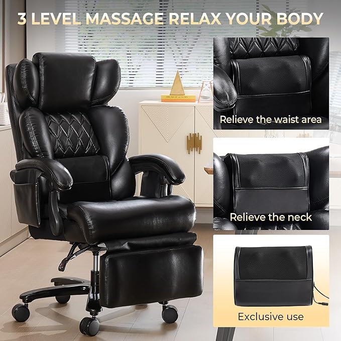 3-in-1 Massage Office Chair with Foot Rest 600LBS Big and Tall Office Chair with Massager and Heat for Heavy People, Reclining Executive Heavy Duty Office Chairs Desk Chairs Black