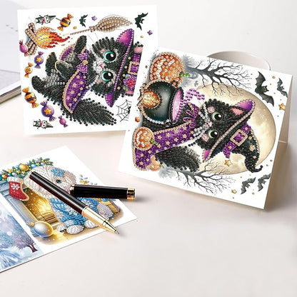 8pcs Diamond Painting Greeting Cards- Christmas Puppy & Halloween Kitten Cards for Blessings and Wishes, Special Shape Crystal Partial, Paper Material, DIY Gifts for Christmas Day Halloween