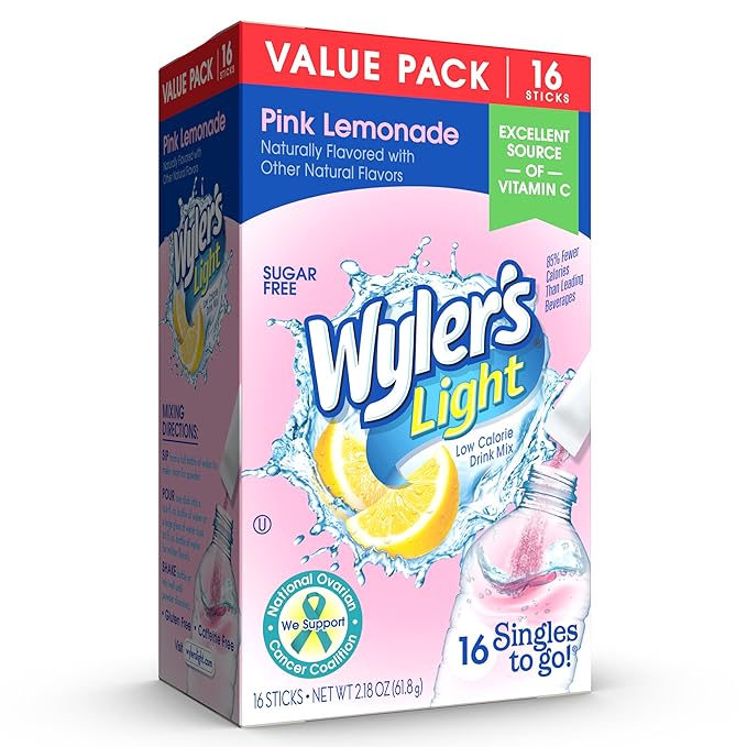 Wyler's Light Singles To Go Powder Packets, Water Drink Mix, Pink Lemonade, 16 Count, 6 Boxes (96 Single Servings)