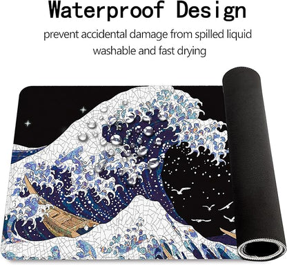 MEWOOCUE® Gaming Mouse Pad for Desk,Large Wave Mousepad Laptop,Black White Japanese Anime Mouse Mat,Long XXL Waterproof Keyboard Pads,Big Non-Slip Mousepads for Game Office Home（31.5 x 11.9 in）
