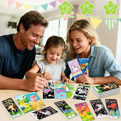 SpringFlower Valentines Day Gifts for Kids, 24 Pack Scratch Art Books Valentines Day Gifts for Kid Classroom School Exchange, Valentines Scratch Art Crafts Kits Bulk Party Favors Prizes for Boys Girls