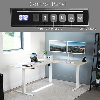 VIVO Electric Corner 63 x 55 inch L-Shaped Standing Desk, Memory Height Adjustment, Light Wood Top White Frame, DESK-E3CTC