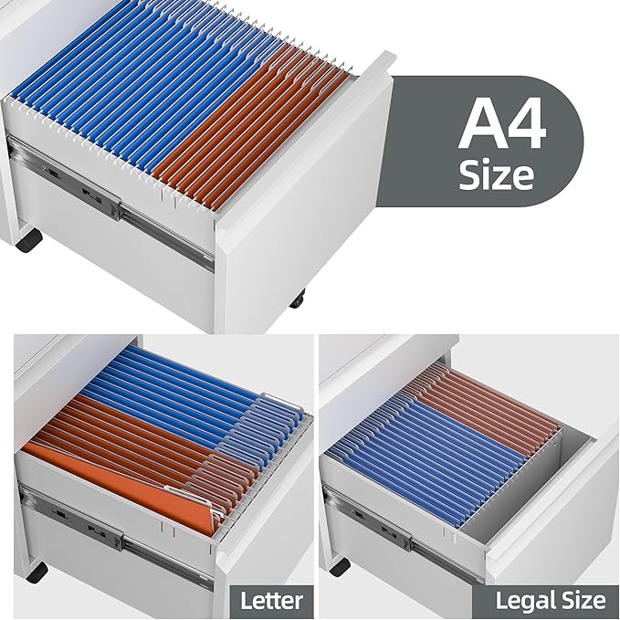 SUXXAN 3 Drawer Mobile File Cabinet with Lock, Under Desk Metal Filing Cabinet for Office,Home,A4/Legal/Letter Size, Fully Assembled (White)