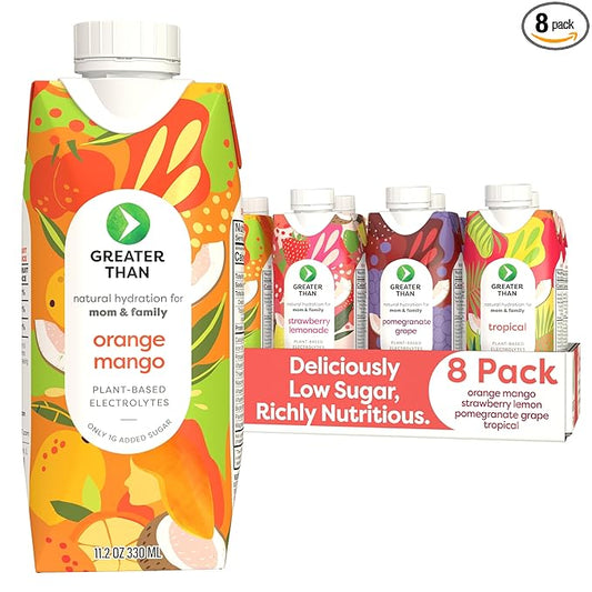 Greater Than Nutrient Hydration Beverage, Electrolyte Drink for Gut Health & Energy with Coconut Water, Vitamins, Gluten Free, Plant Based, Low Sugar, 8 Flavor Variety Pack