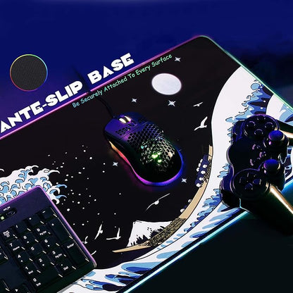 Gaming Laptop Mouse Pad,Sea Wave Big Mice Pads PC Keyboard Waterproof and Non-Slip 31.5 x 11.9 0.12" Thick XL,XXL Rubber Table Mat, RGB Led with 10 Lighting Modes+9 Color Changing Modes Mat