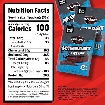 Jack Link’s x MrBeast Peppered Beef Jerky – 11g Protein per Serving, Made with 100% Real Beef, Pantry-Ready, Kids Snacks, Great Stocking Stuffers and Gifts, 10 Count of 1.25oz Bags