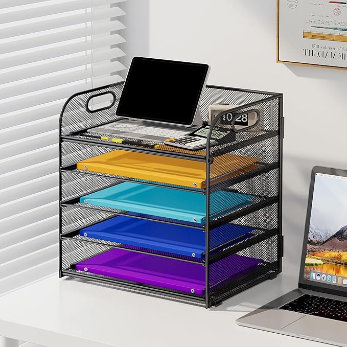 5 Tier Paper Organizer with Handle, Metal Mesh Desk Organizer File Folder Paper Letter Tray Desktop Document Sorter for Classroom, School, Office Accessories Organization and Storage - Black