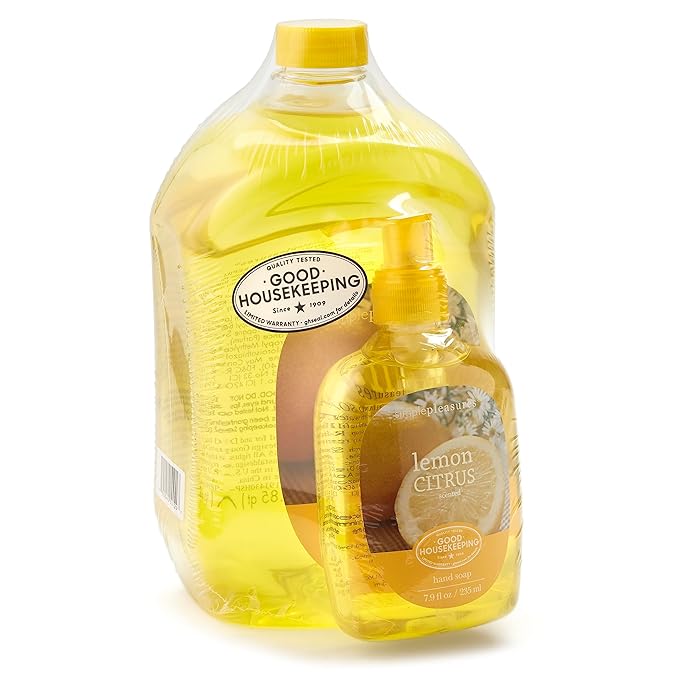 SIMPLE PLEASURES Premium Hand Soap Collection - Lemon Scent, 7.9 oz Bottle with Jumbo 61.4 oz Refill - Goodhousekeeping Seal Approved - Multiple Scents Lemon Hand Soap Dispenser Refills