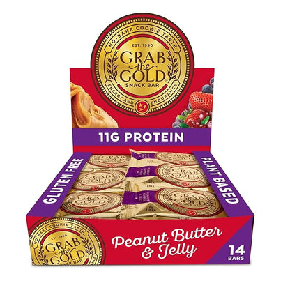 Grab The Gold Protein Snack Bar Bundle | Plant-Based Protein, Gluten-Free, Vegan, Dairy-Free, Kosher | 28 Count Variety Pack 14 Chocolate Peanut Butter & 14 Peanut Butter & Jelly