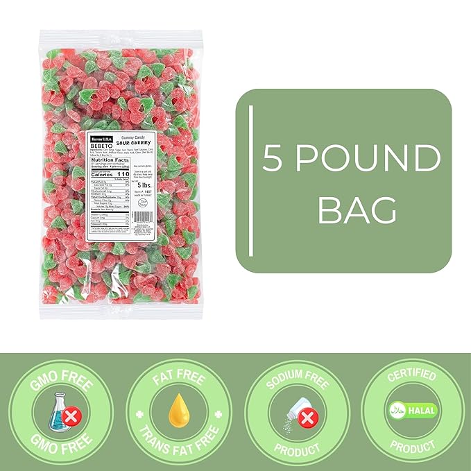 Kervan Candy Bebeto Sour Cherry – Fruity, Soft & Sour Gummy Candy Bulk for Kids, Gift Snacks and Parties – Sour Cherry Gummies Big Party Size Bag (5 lbs)