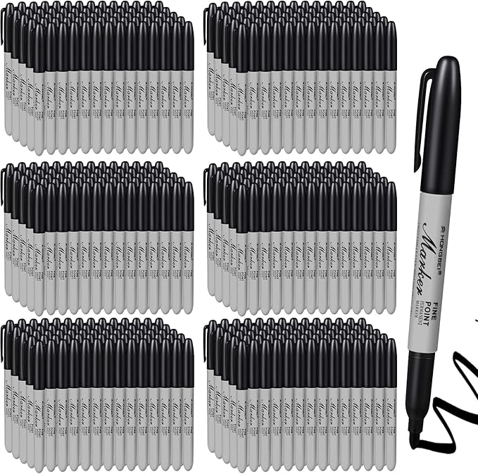 Thenshop 300 Pack Black Permanent Markers Bulk Fine Tip Permanent Marker Set Quick Drying Fine Point Pens for Classroom, Office, Home, Work on Wood, Metal, Stone, Glass, Christmas Office Gifts