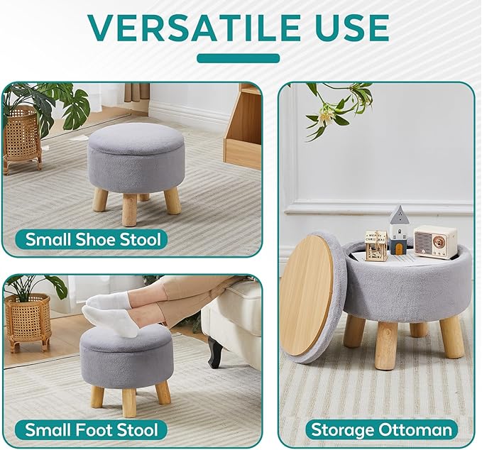 Small Foot Stool Ottoman with Storage, Faux Fur Ottoman Foot Rest for Couch, Round Footstool with Storage, Small Ottomans and Footstools for Living Room and Entryway (Gray)