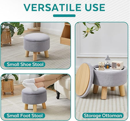 Small Foot Stool Ottoman with Storage, Faux Fur Ottoman Foot Rest for Couch, Round Footstool with Storage, Small Ottomans and Footstools for Living Room and Entryway (Gray)