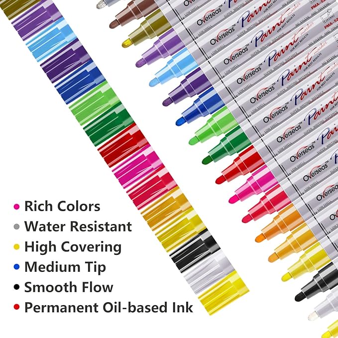 TFIVE Paint Markers Paint Pens, Waterproof Quick Dry and Permanent, Work on Almost Anything, Oil-Based Marker Pen for Rock Painting, Metal, Wood, Plastic, Canvas, Glass, Mugs, Craft - 18 colors