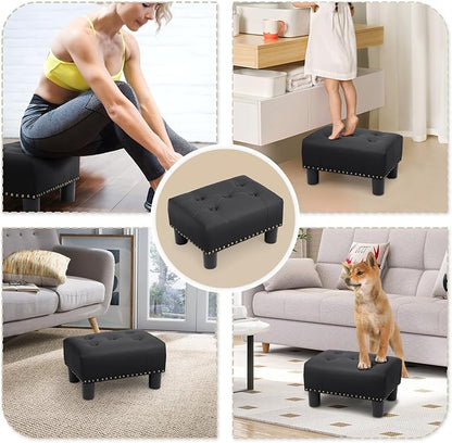 Athena Collection Small Ottoman Foot Rest with Legs, PU Leather Ottoman Foot Stool with Soft Padded seat, Square Footstool FootRest for Living Room, Bedroom, Office, Black
