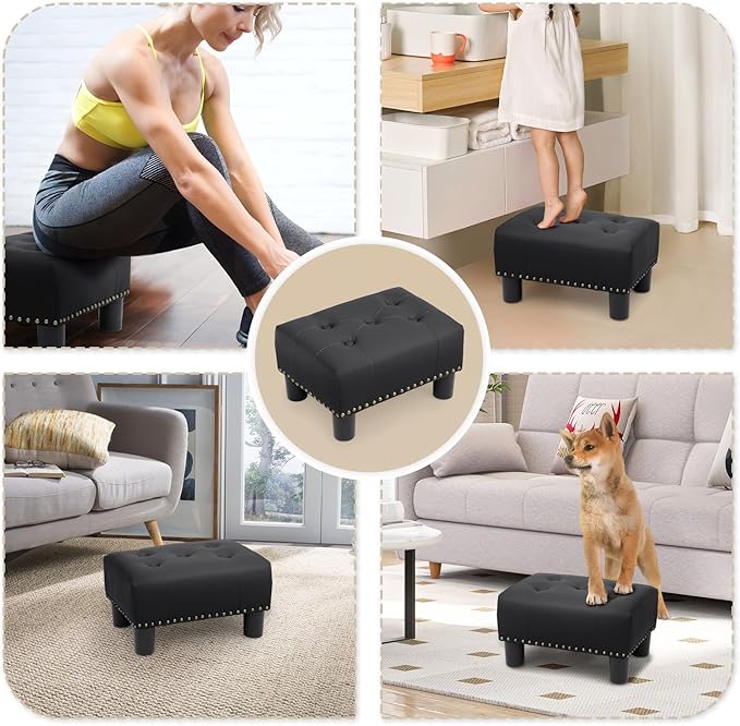 Athena Collection Small Ottoman Foot Rest, Leather Upholstered Foot Stool Ottoman Modern Small Storage Ottoman Rectangular Foot Rest for Couch Mini Ottoman Footstool with Legs & Nailhead Trim, Black
