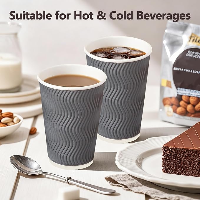 500 Pack 16oz Coffee Cups,Corrugated Insulated Ripple Wall Disposable Paper Coffee Cups 500 Count,Hot Beverages Cup for Office,Party,Home,Travel(Gray)