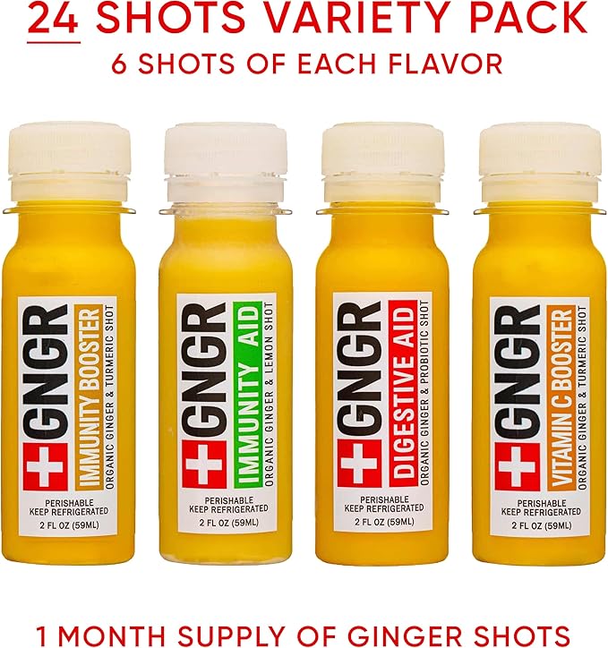 +GNGR 24 Shots Variety Pack of Organic Immunity Boosting Ginger Shots - Cold Pressed Ginger Shots for All Natural Digestive and Immune Support - Nothing Artificial - USDA Organic 2 fl oz (Pack of 24)