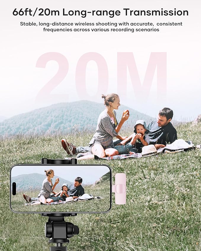 Wireless Lavalier Microphone for iPhone iPad and Android Phone, 2 Pack Lapel Mic Plug and Play Wireless Mic Noise Reduction Microphone for Video Recording Interview Podcast Vlog YouTube Tiktok (Pink)