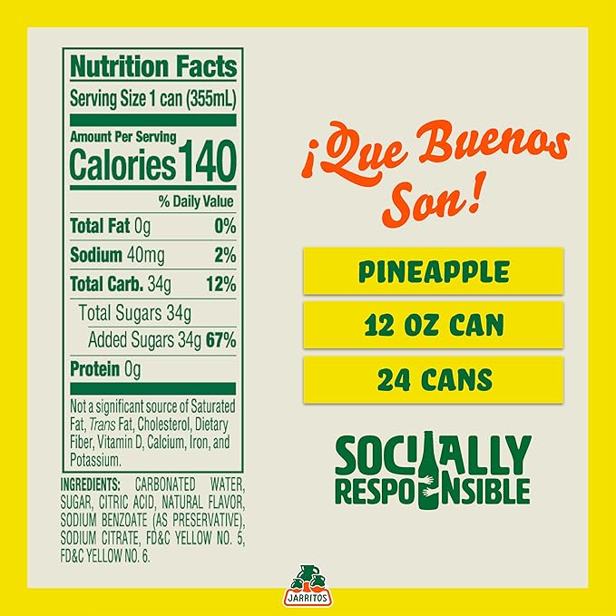 Jarritos - Mexican Soda Soft Drinks, Pineapple (12 oz, 355ml) 24 Cans (3 Boxes of 8) - Real Cane Sugar - 140 Calories, 0g Fat - Made in Mexico - Natural Flavor Soda Pop - Party & BBQ Beverages