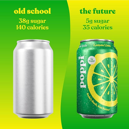 Poppi Sparkling Prebiotic Soda Beverage with Apple Cider Vinegar, Seltzer Water and Fruit Juice, Lemon Lime Flavor, 12 Fl Oz, Pack of 12, Packaging May Vary