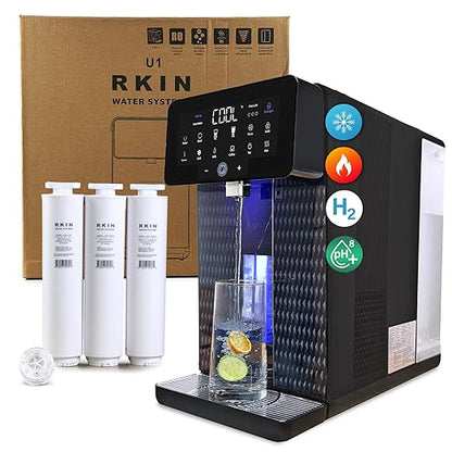 RKIN U1 Hot & Cold Alkaline Countertop Reverse Osmosis Water Filter System - 4-in-1 Pre-Assembled Space Saving Hydrogen Enriched Water Dispenser with TDS & Filter Lifespan Monitor