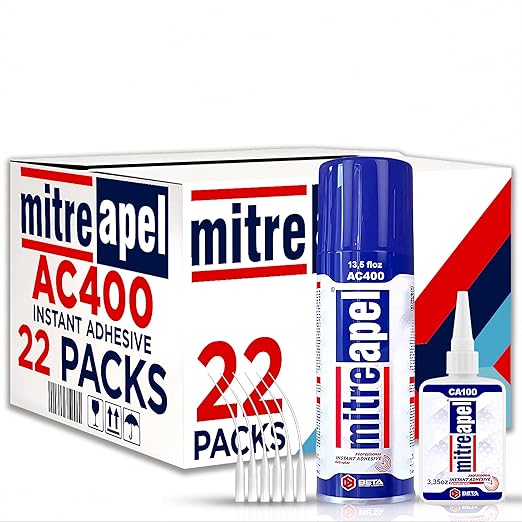 MITREAPEL Super CA Glue (22 x 3.5 oz) with Spray Adhesive Activator (22x13.5 fl oz) Cyanoacrylate CA Glue with Accelerator for Wood, Plastic, Metal, Leather, Ceramic, Crafting&Building (22 Pk)