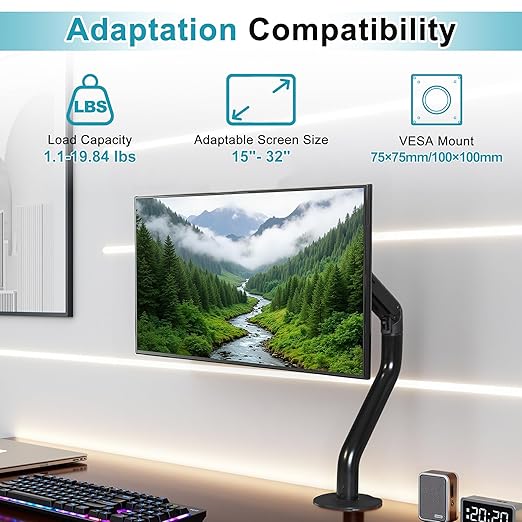 Lyngins Single Monitor Desk for 15 to 27 Inch Screens Computer Monitor Stand for Desk, Stand Up to 26.4lbs Monitor Wall Mount, VESA Mounting Holes 75 and 100mm, Black