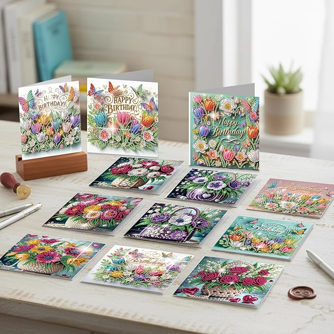 jinglinhh 12pcs Diamond Art Painting Flower Bouquet Handbag Greeting Cards with Envelopes, DIY Card Making Kits for Adults, Diamond Art Postcards Christmas Cards Craft Gifts