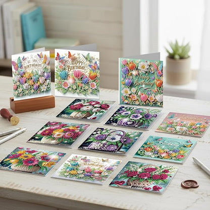 jinglinhh 12pcs Diamond Art Painting Flower Bouquet Handbag Greeting Cards with Envelopes, DIY Card Making Kits for Adults, Diamond Art Postcards Christmas Cards Craft Gifts