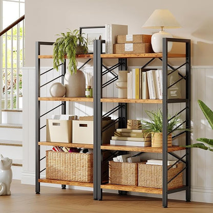 4 Tier Bookshelf, Industrial Bookcase with Metal Frame and Sidebars, Office Shelves for Small Spaces, Bedroom, Living Room, Rustic Brown