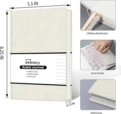 Annecy Lined Journal Notebook, Hardcover Leather Journal for Women & Men, 160 Numbered Pages, Medium 5.5" x 8.25", 100 GSM Thick Paper, Beige