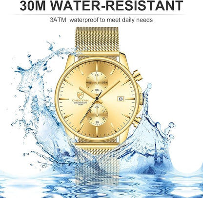 GOLDEN HOUR Mens Watch Fashion Sleek Minimalist Quartz Analog Mesh Stainless Steel Waterproof Chronograph Watches for Men with Auto Date