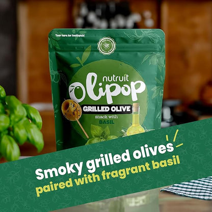 Nutruit Olives Snacks - Pitted Grilled Olives with Basil - Fresh Aegean Green Olives - Vegan, Non-GMO, Gluten Free, Kosher, Paleo, Sugar Free - Comes with Wooden Stick - 1.2oz (20-Pack)