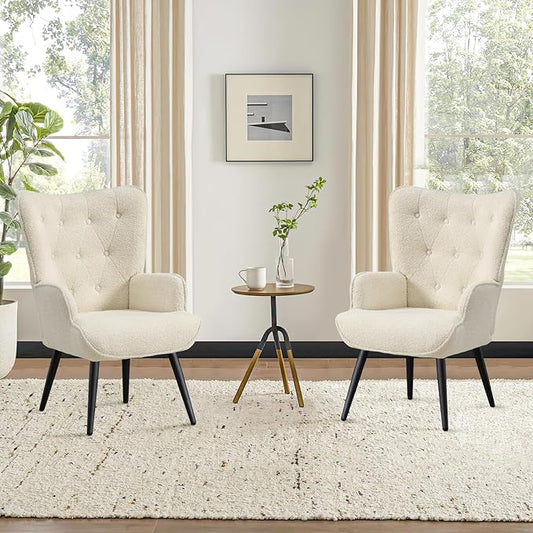 Furniliving Boucle Accent Chair for Living Room, Upholstered Reading Chair with High Backrest, Tufted-Button Wingback Armchair for Bedroom, Dressing Room, Home Office, Ivory White, Set of 2