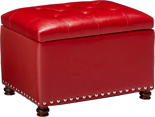 Adeco High End Red Classy Bonded PU-Leather Tufted Accents Rectangular Storage Bench Ottoman Footstool,