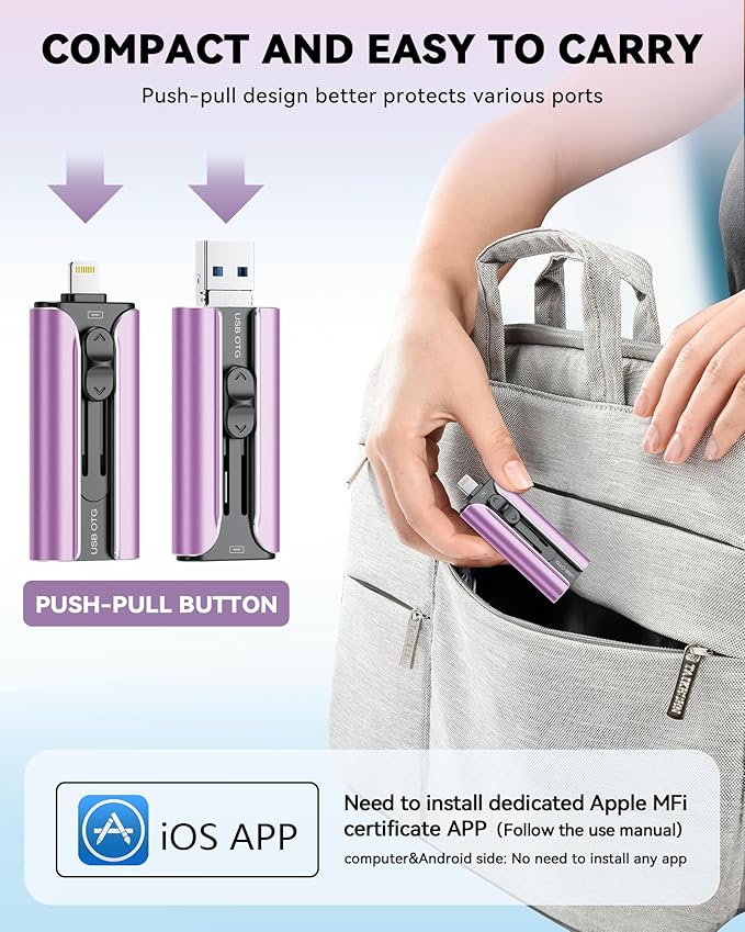 MFi Certified 256GB Flash Drive for iPhone USB Memory Stick Thumb Drive, High Speed USB Stick iPhone Flash Drive for Photos Videos,Photo Stick External Storage for iPhone/iPad/Android/PC (Purple)