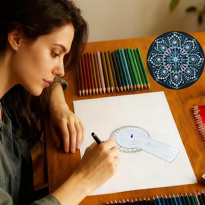 3-in-1 Mandala Ruler Tool with Holes, Mandala Dot Art Circle Maker, Compass Protractor Straight Ruler for Dot Art Geometric Mandala Pattern Design, Small Size (15cm/6")