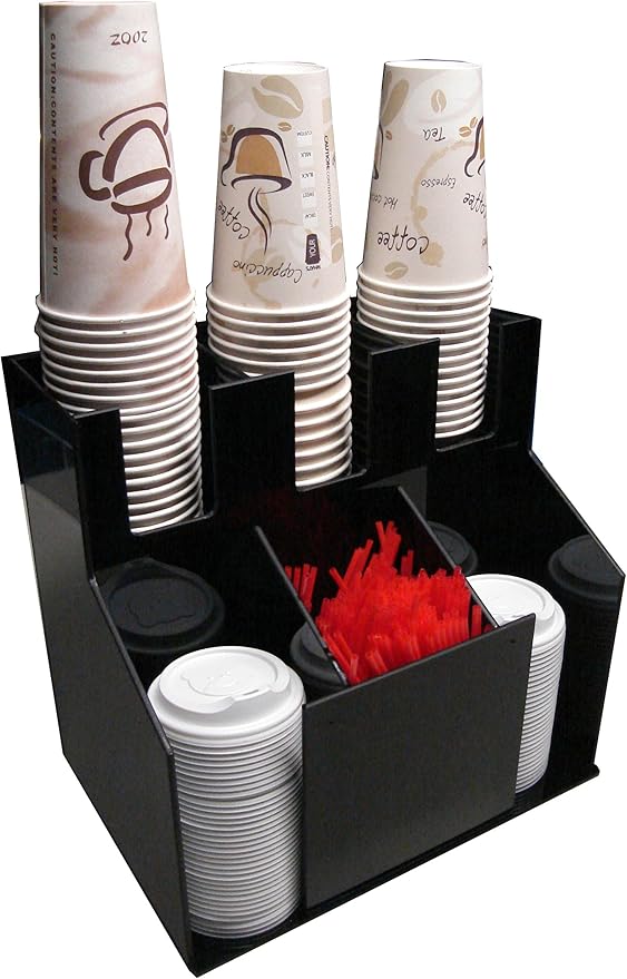 RCS Plastics Cup and Lid Holder Acrylic Dispenser Countertop Organizer Coffee Condiment Stirrer Cup Caddy Organize Display Counter station in Style (1011) 12" w x 12" t x 8" d